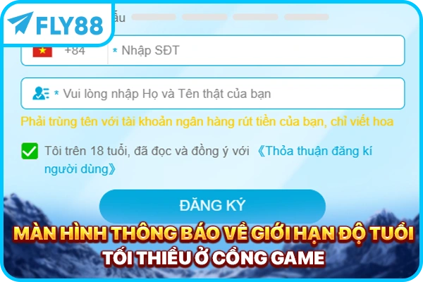Màn hình thông báo về giới hạn độ tuổi tối thiểu ở cổng game